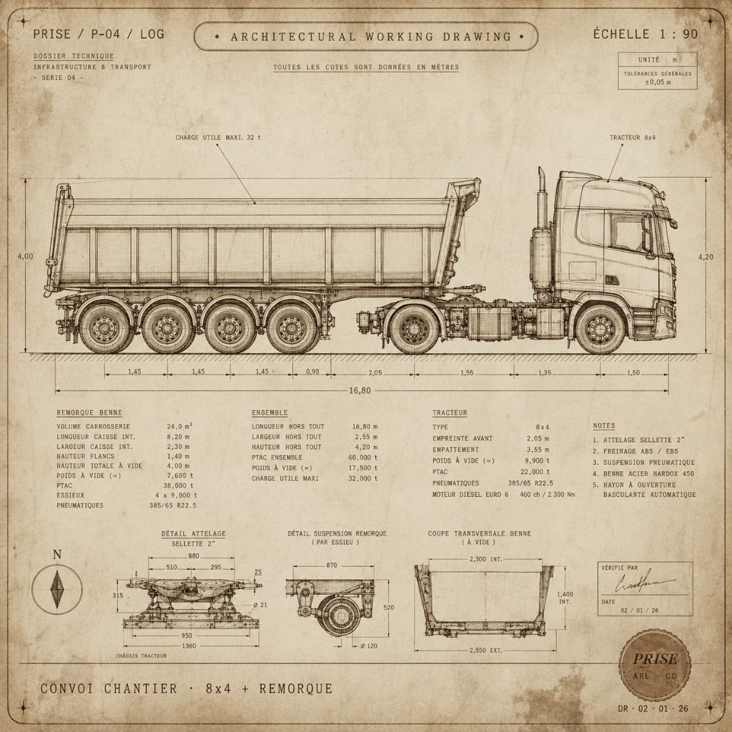 Convoi chantier · 8×4 + remorque