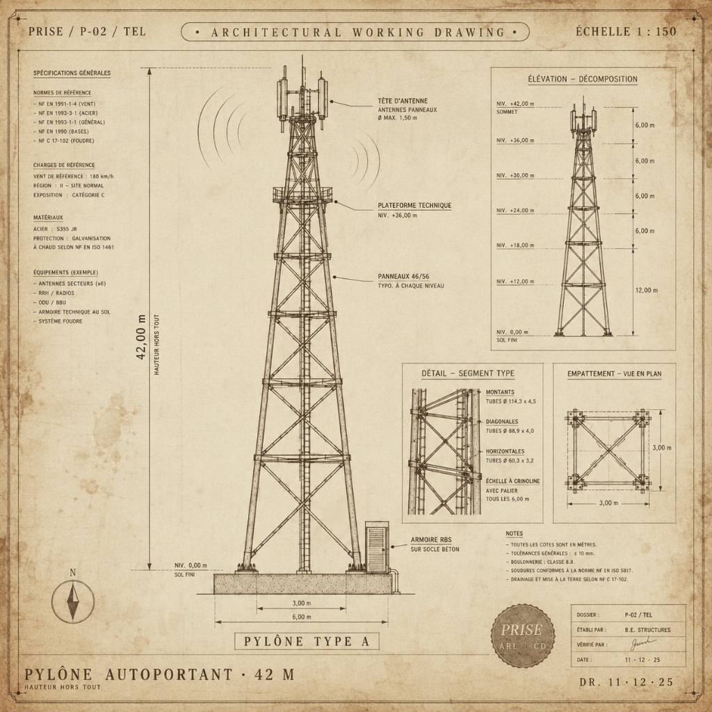 Pylône autoportant · 42 m
